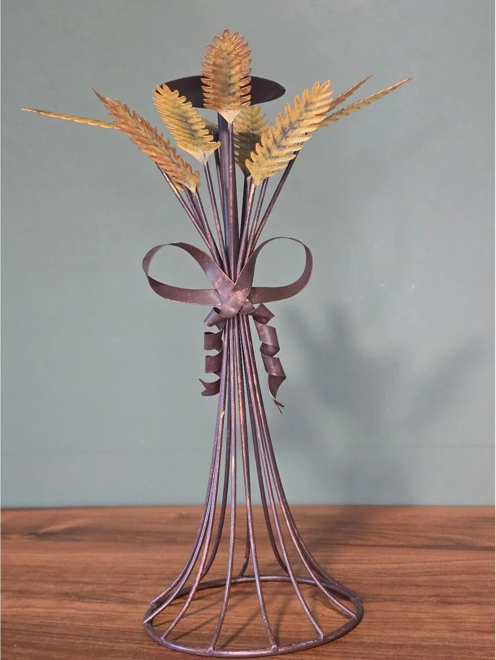 Vintage Metal Wheat Sheaf Candle Holder Hollywood Regency Pillar Stand